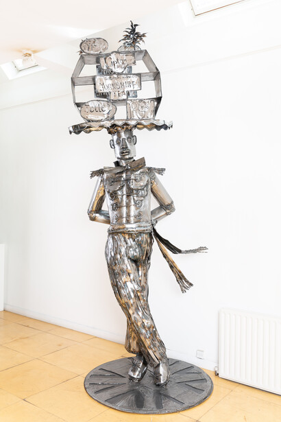 Sokari Douglas Camp
Yorkshire Tea Jonkonnu, 2021
Mild steel
295 x 124 cm
Courtesy the Artist and October Gallery, London. 
Photo: Jonathan Greet
