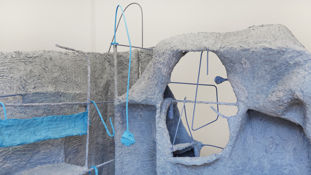 Detail of Roost, 2018. Steel, mesh, chicken wire, newspapers, glue, plaster, paint, 228 x 170 x 160 cm. Credit: Corey Bartle-Sanderson