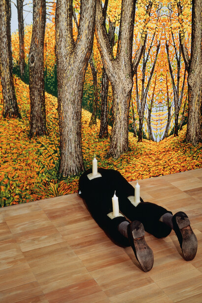 Robert Gober (American, born 1954), Untitled. 1991, Wood, beeswax, leather, fabric, and human hair. 13 1/4 x 16 1/2 x 46 1/8″ (33.6 x 41.9 x 117.2 cm), The Museum of Modern Art, New York. Gift of Werner and Elaine Dannheisser. Background: Forest, 1991, Hand-painted silkscreen on paper. Image Credit: K. Ignatiadis, courtesy the artist and Matthew Marks Gallery. © 2014 Robert Gober