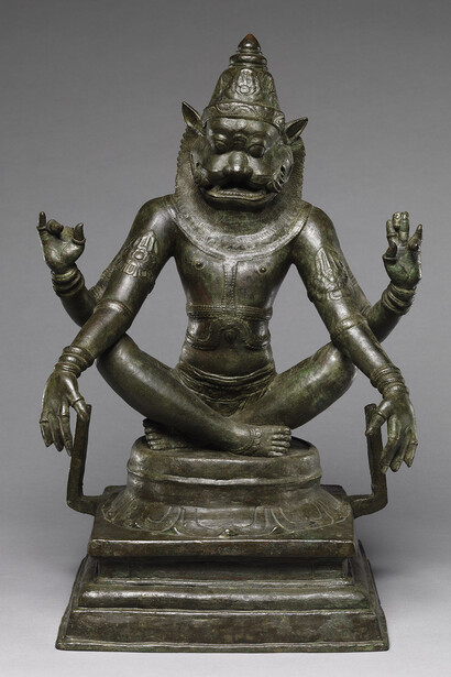 Yoga Narasimha, Vishnu's Man-Lion Incarnation
India (Tamil Nadu), Chola period (880–1279), 12th century Copper alloy H. 18 3/4 (47.6 cm); W. 13 in. (33 cm); D. 9 1/2 in. (24.1 cm) Samuel Eilenberg Collection, Bequest of Samuel Eilenberg, 1998
Photo: Courtesy of The Metropolitan Museum of Art