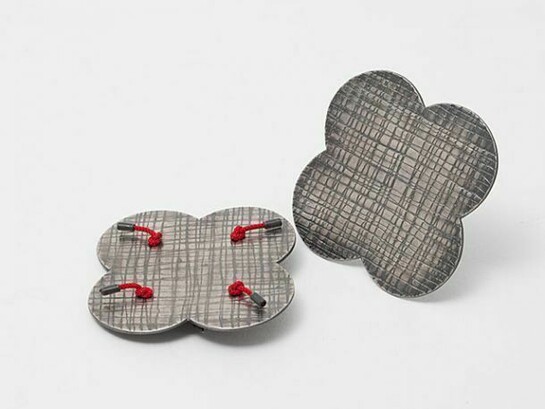Susan Cross, Poppy Brooches, oxidised silver, Korean red braid cross, Photograph: William Van Esland