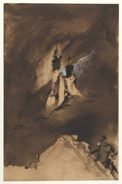 Victor Hugo, Souvenir d’un burg des Vosges (Souvenir of a castle in the Vosges), 1857. Brown ink and wash and white gouache on paper. 18 1/2 × 12 3/16 in. (47 × 31 cm). The Metropolitan Museum of Art, New York. Purchase, Harris Brisbane Dick Fund, Donald Young Foundation Gift, Harry G. Sperling Fund, and David M. Tobey Gift, 2012. 2012.17. © The Metropolitan Museum of Art / image source, Art Resource, NY.
 