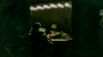 Oscar Giaconia, The Grinder, oil on oiled paper and nylon case, 124x219 cm, ph. Roberto Ferro. Collezione Coppola, Vicenza