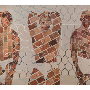 Caragh Thuring, Aggregate Man, 2015, screen printing ink, oil, charcoal on linen, 48 x 72 in. / 121.9 x 182.9 cm. Image courtesy the artist & Simon Preston Gallery, NY