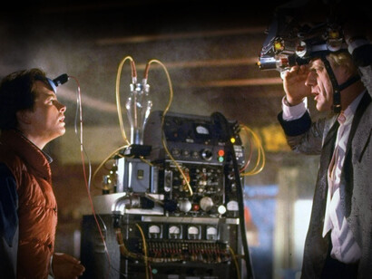 Michael J. Fox e Christopher Lloyd em cena do filme De Volta para o Futuro, 1985
