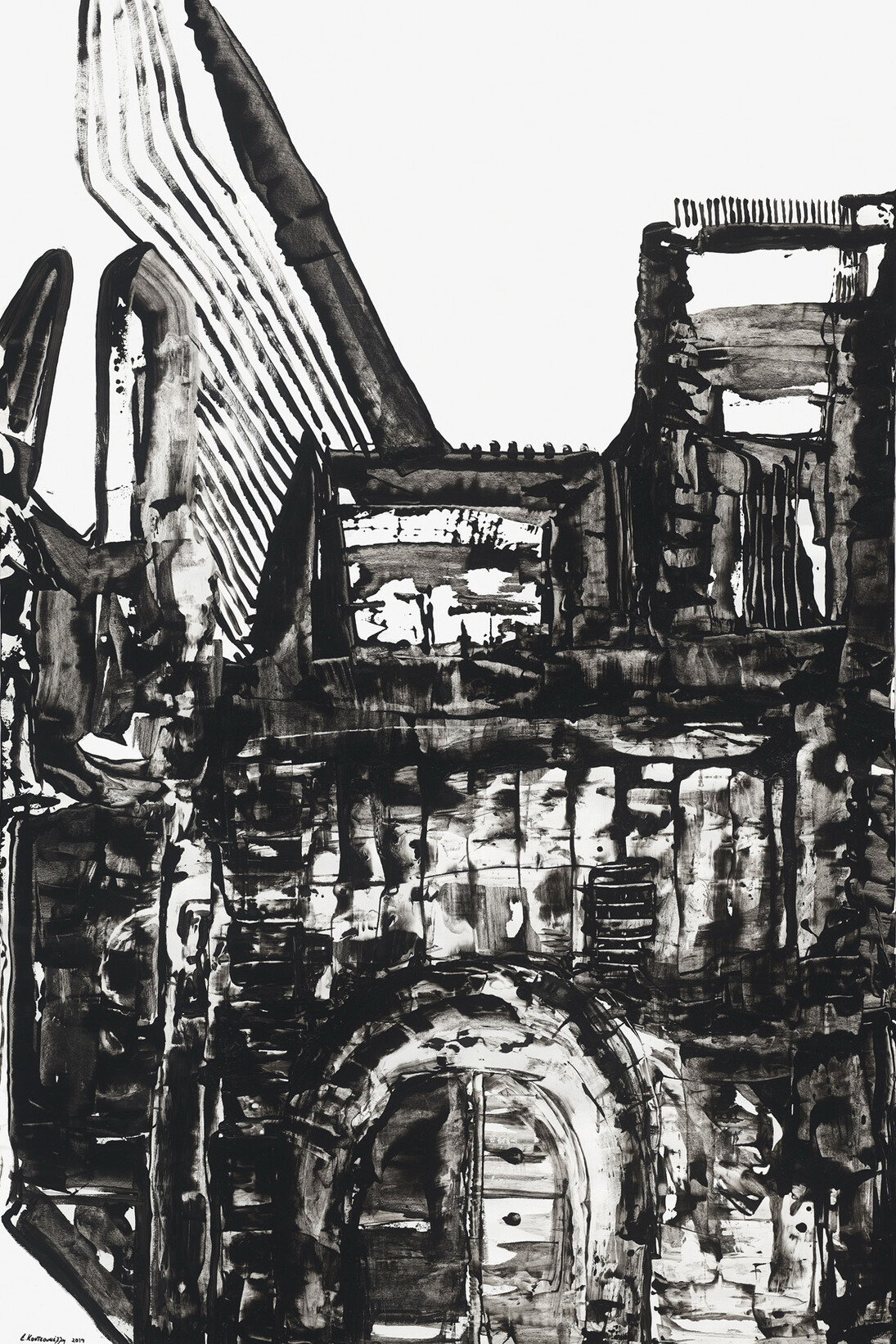Elli Koutsoukelli, Untitled, 2014, Indian ink & mixed media on paper, 150 x 100 cm