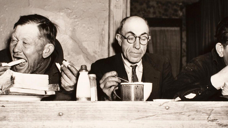 John Vachon, Men Eating at Salvation Army, Newport News, Virginia. Gelatin silver print (photograph) taken in March 1941, and printed in 1984. Click any image to enlarge.