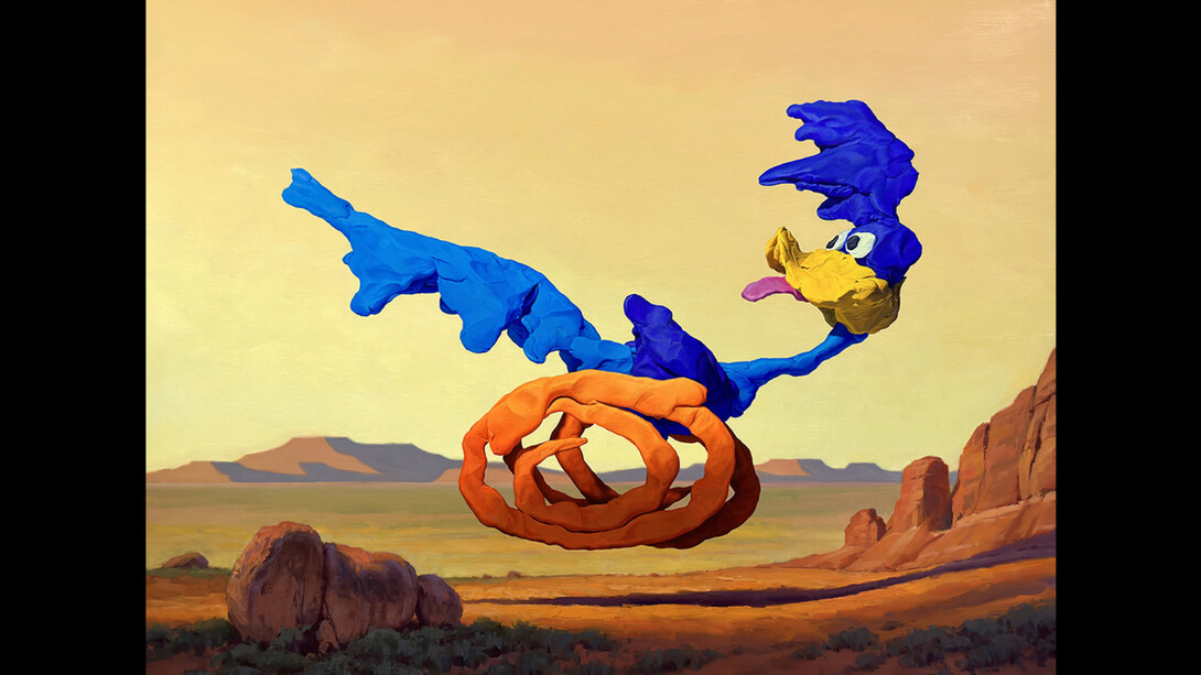 Ron DeFelice, Meep Meep (Road Runner), 2023, oil & acrylic on stretched canvas, 36x48 inches. Courtesy the artist and Kantor Gallery, LA