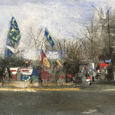 Oona Hassim Leave & Remain Ongoing protests Westminister, 2019. Oil pastel on paper, 45 x 36cm (framed). Courtesy Woolff Gallery.

