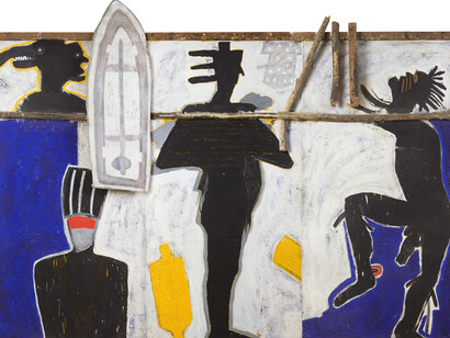 Ouattara Watts, The Trance Of The Shaman, 1990 , triptych, acrylic pigment, sand and wood on canvas - 290x 390cm, Courtesy Galerie Boulakia
