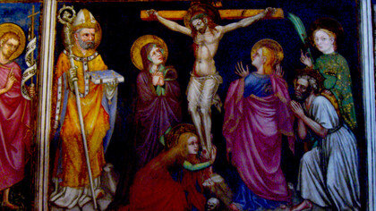 Jakobus de Voragine mit dem Buch in der Hand, Fresko von Ottaviano Nelli, Foligno, Italien