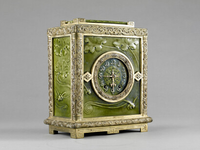 J. & J.G. Low Art Tile Works (American, 1877-1907). Clock, 1884. Glazed tile and gilt bronze. Photo by John Faier © The Richard H. Driehaus Museum