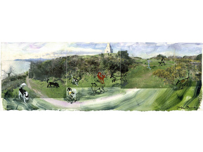 John Short, Dogs on Killiney Hill, Killiney, County Dublin, ink, watercolour and photo transfers, 100 x 35 cm