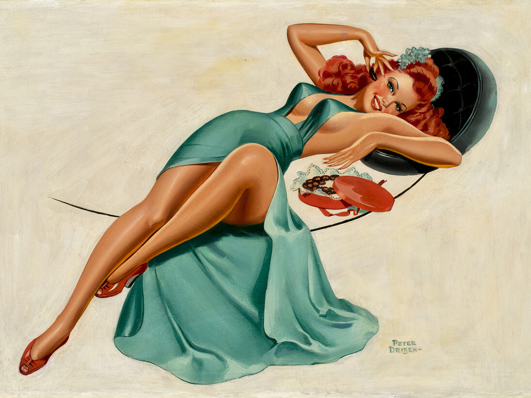 Driben Peter, Reclining Red Head in Green Dress with Chocolates, 24 x 35, Oil on Canvas