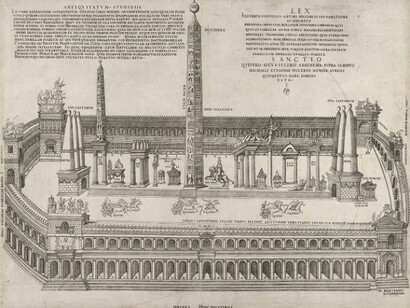 This work on view until the week of March 10, 2014. Nicolas Béatrizet (French, Lunéville 1515–ca. 1566 Rome?). After Pirro Ligorio (Italian, Naples 1513–1583 Ferrara). Published by Michele Tramezzino (Italian, active Venice and Rome, 1526–61). A reconstruction of the stadium and its obelisks at Circus Maximus, 1553, Engraving. The Metropolitan Museum of Art, Harris Brisbane Dick Fund, 1941 (41.72(1.67)). Image: © The Metropolitan Museum of Art, New York