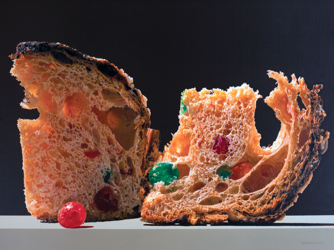 Luigi Benedicenti, Due fette di panettone, olio su tela, 80 x 120 cm, collezione privata