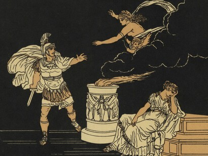 La ilustración muestra a los personajes mitológicos del héroe troyano Eneas, Helena de Troya y la diosa Afrodita. Trata temas como la venganza, la piedad y el destino