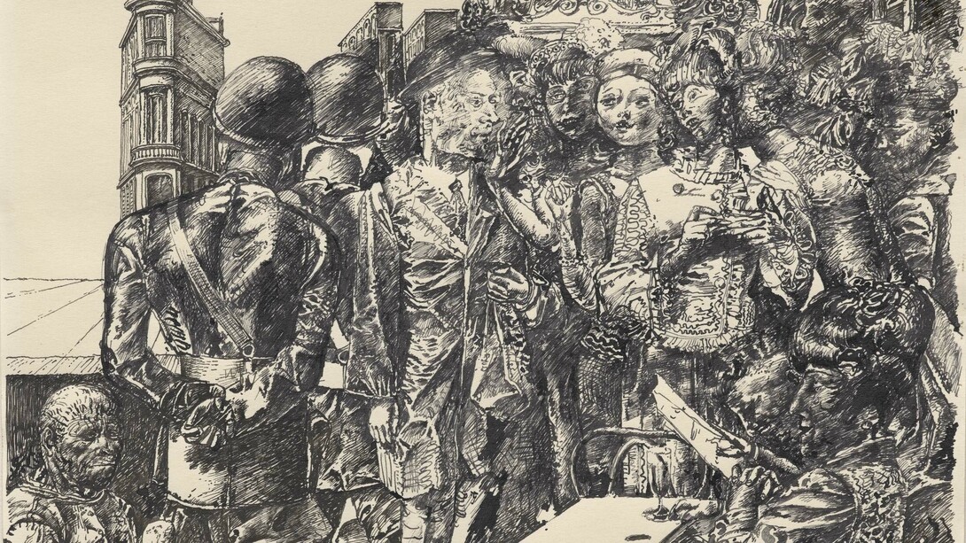 Werner Tübke, Straße in Brüssel (mit Selbstbildnis), 1965. Courtesy of Museum Städel