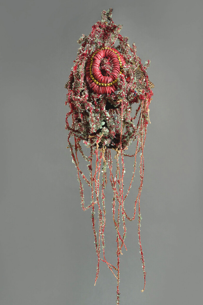 Lucien Shapiro, Speak No Mask, 2015, Street diamonds, sculpting putty, resin, bottle caps, metal, pyramid studs, acrylic paint