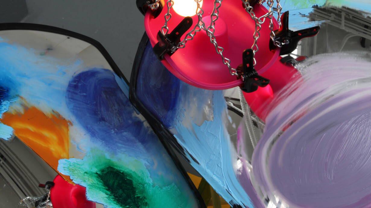 Jessica Stockholder, Gross National Growth (detail), 2014, drive way mirrors, oil paint, acrylic paint, wooden stools, silicone mold, light fixture and cord, clamps, basket ball hoop, pie pan rim, chain and hardware, snap together driveway tiles, black rubber tiles, carpet, plastic parts, copper foil, Hauteur variable (240 cm minimum) x 226 x 160 cm, Courtesy of the artist and Galerie Nathalie Obadia, Paris/Bruxelles