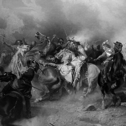 The image depicts the death of King Gustavus Adolphus of Sweden at the Battle of Lützen on November 6, 1632, a pivotal moment in the Thirty Years' War that cemented Sweden's rise as a major European power