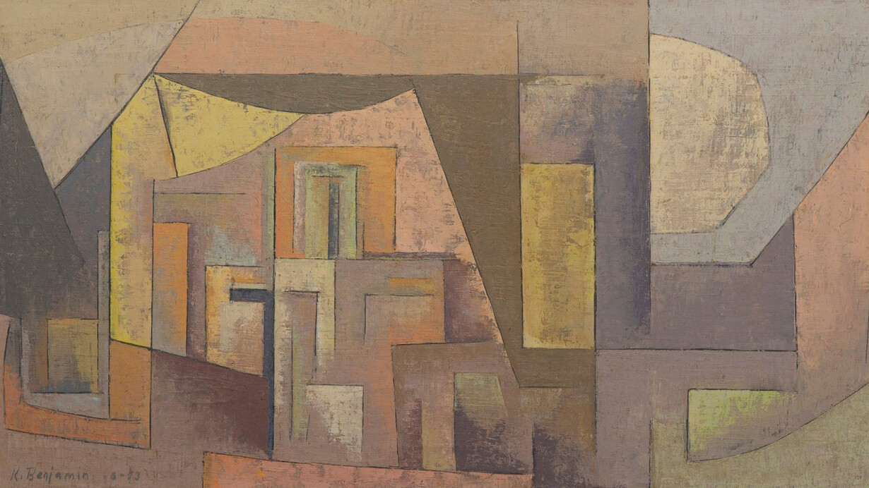 Karl Benjamin, Brown, pink and yellow (detail), 1953. Courtesy of Louis Stern Fine Arts