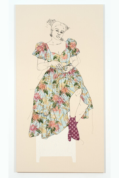 Gio Swaby, Where I Know You From 3, 2023, 80x44 inches, cotton fabric and thread sewn on muslin. Courtesy of the artist and Claire Oliver Gallery