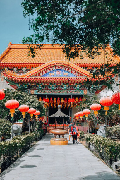Chinese red and yellow lanterns decorating Kek Lok Si Temple in Air Itam, Penang, Malaysia