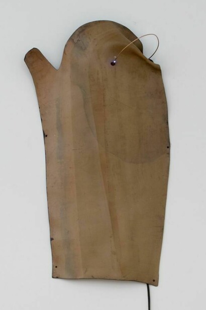 Gilberto Zorio, Voltaic Bow, 1968, Leather, copper rod, electrical arc, spark, timer, 150 x 60 x 40 cm, image Courtesy of the Artist and Blain|Southern
