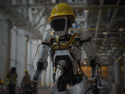 High-tech robot performing tasks on a modern construction site