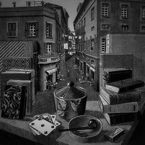 M. C. Escher, Still Life and Street (1937)