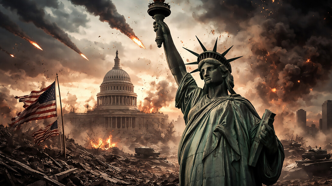 A fractured Statue of Liberty rises over a landscape of militarized ruin, symbolizing the growing contradiction between America’s democratic ideals and its persistent reliance on military power in a changing global order