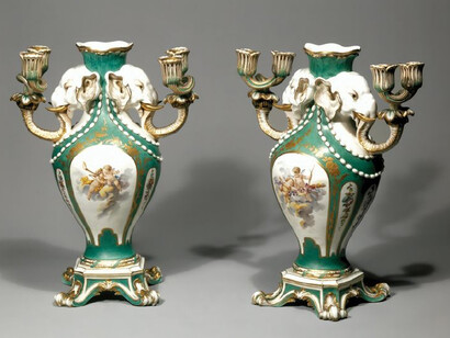 Pair of vases with Candle Holders (vase a tete d’elephant) – Soft-paste porcelain and gilt-bronze, Sèvres, 1757