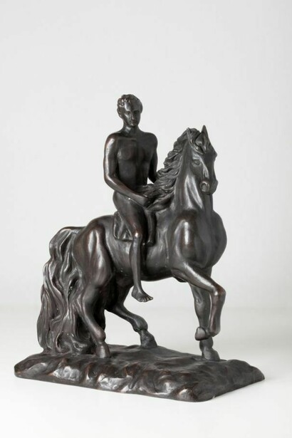 Giorgio de Chirico (1888-1978), Ippolito (Greek Ephebe on Horseback), 1969, Dark patinated bronze, 46 x 21.5 x 36 cm, Private collection. Courtesy Galleria d’Arte Maggiore, Bologna (Italy)