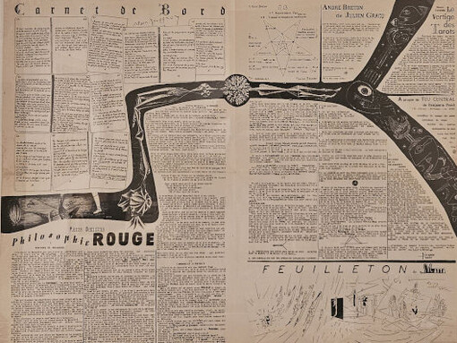 Various, Néon, “To be nothing To be everything To open being Nothingness Forgetting To be”, No. 2, February 1948, Paris. Printed matter, 24 1/2 x 33 inches (62.2 x 41.9 cm) – open. Courtesy of Ubu Gallery 
