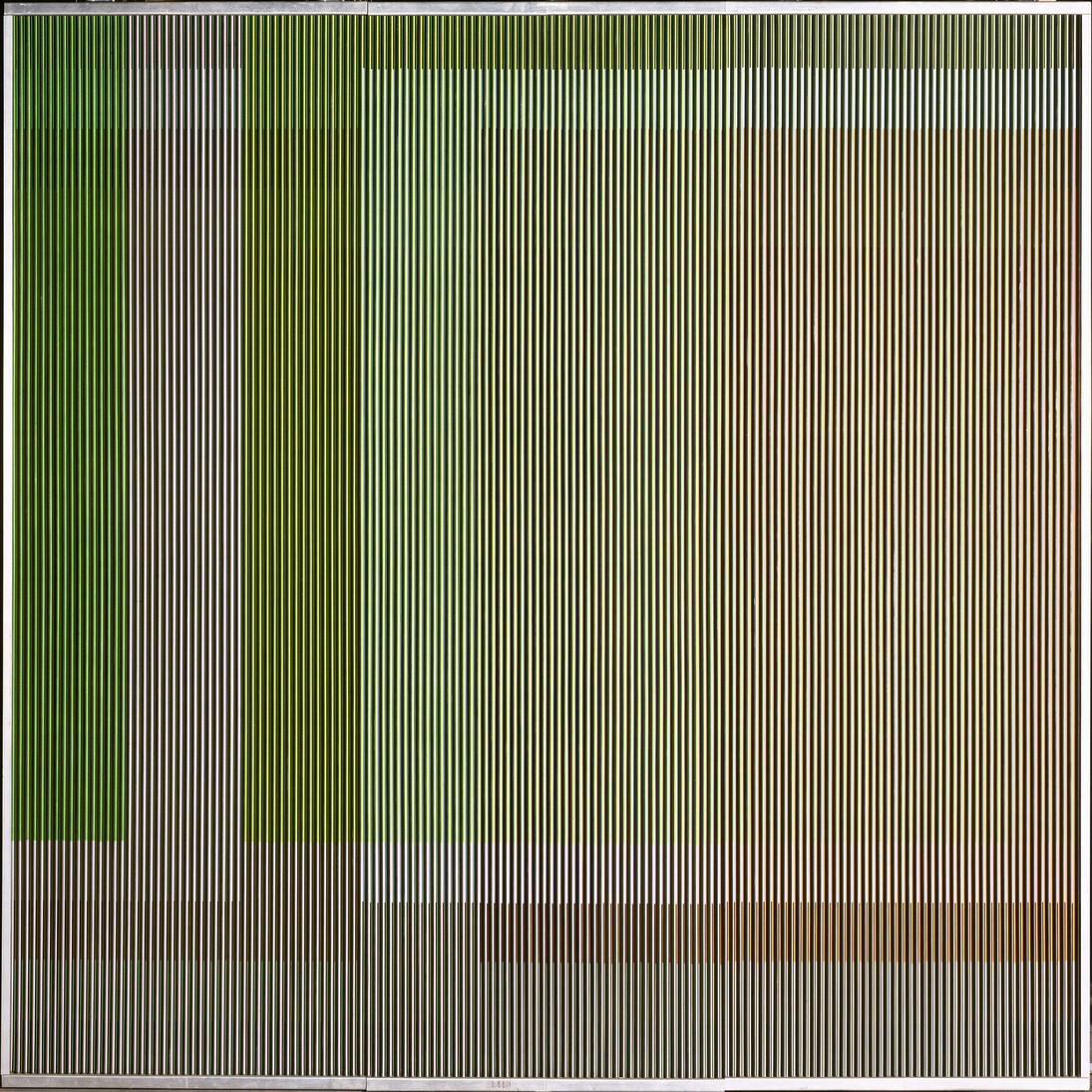 Carlos Cruz-Diez, born 1923, Physichromie No. 506, 1970, Acrylic and PVC strips on plywood, transparent thermoplastic strips, aluminum frame, object: 1800 x 1800 mm © ADAGP. Photo © Centre Pompidou, MNAM-CCI, Dist. RMN-Grand Palais / Philippe Migeat

