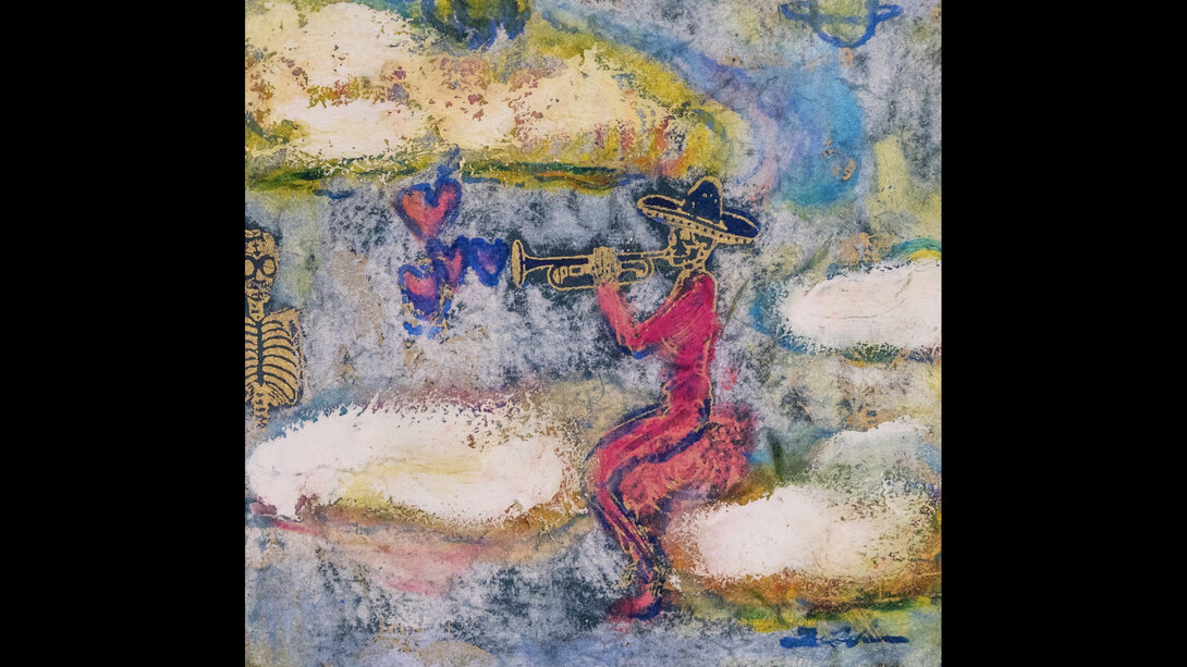Takuma Tanaka, Parade, 2023, Japanese paper, pen, oil pastel, mixed media on canvas, 17.8x14 cm. Courtesy of the artist and The Wall Art Gallery