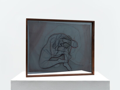 Joeun Kim Aatchim, My Opioid Night: Mere Solacer, 2023. Stone pigment, shellac ink, pastel, genuine white gold leaf, colored pencil on silk, two-way acrylic mirror, black walnut frame, 16.5 x 20.5 inches (42 x 52 cm). Courtesy of François Ghebaly, Los Angeles, CA
