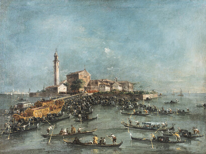 The Meeting of Pope Pius VI and Doge Paolo Renier at San Giorgio in Alga, 1782, Francesco Guardi, oil on canvas. Guido Bartolozzi Antichità SRL