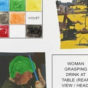 John Baldessari, Storyboard (In 4 Parts): Woman Grasping Drink At Table, (Rear View / Head), 2013, Varnished inkjet print on canvas with acrylic and oil paint, 205,7 x 210,2 cm, 
Copyright John Baldessari, Courtesy Sprüth Magers Berlin London