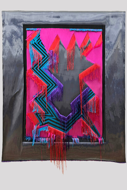 Liz Collins, Fractured Skylllllll (bb/pp/r), 2023. Lurex, monofilament, polyester, and silk, 57 x 45 in. Courtesy of Luis De Jesus Gallery