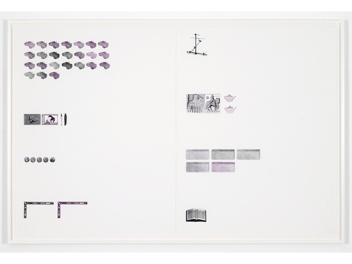 Daniel Lefcourt, Query, 2015, Laser etched rubber stamps on paper, Two parts; 127 x 96.5 cm / 50 x 38 inches (paper size each), 133.4 x 200.7 cm / 52.5 x 79 inches each (framed)
