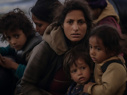 In the midst of a migration crisis, a woman and children find themselves aboard a crowded boat, navigating uncertain waters alongside fellow travelers