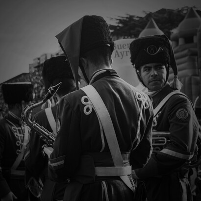 Traditional band performers marching in a city parade, Buenos Aires, Argentina 