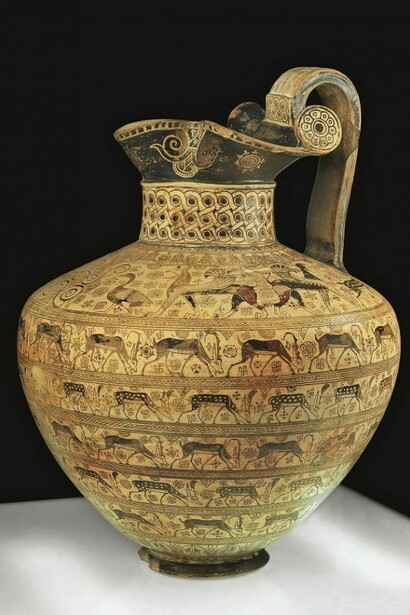 Oenochoe Levy,oriental style,Ionian,H:39,5 cm Terracotta from Rhodes (?),around 650 BCE Louvre Museum