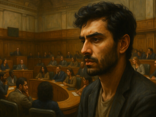 A man sits in quiet reflection as a symbolic parliament unfolds behind him—each figure representing the many voices, conflicts, and negotiations within the human mind