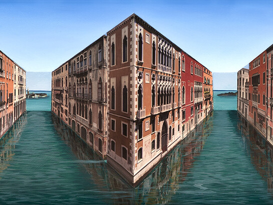 Patrick Hughes, Venice Volumes, 2013, Oil and photographic collage on board construction, 28.5 x 75 cm