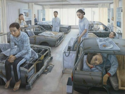 Tetsuya Ishida, Waiting for a Chance, 1999, Acrylic on board, 145.6 x 206 (103 x 2) cm © Estate of Tetsuya Ishida. Courtesy Gagosian Gallery