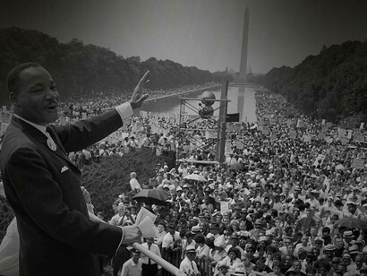 Martin Luther King Jr. smiling after a successful speech in Washington D.C., USA