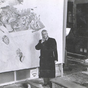 Stanley Spencer with 'Christ Preaching at Cookham Regatta', in Holy Trinity Church 1958. © Stanley Spencer Gallery Archive